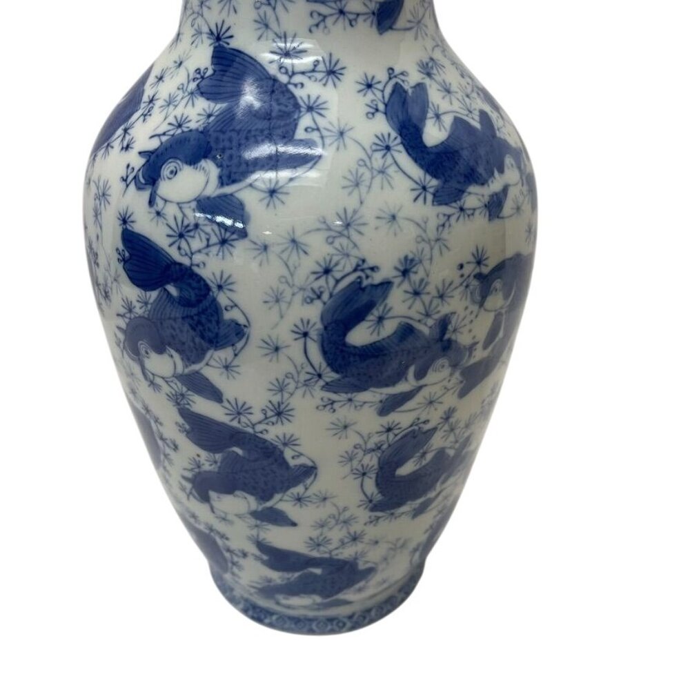 Vintage Chinoiserie Blue and White Koi Vase, 12.5", Porcelain Decor Accent - Picture 2 of 6